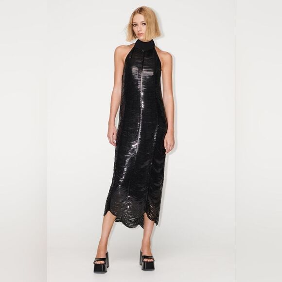 ZARA NEW WOMAN MIDI HALTER NECK KNIT DRESS WITH SEQUINS BLACK S - Picture 8 of 10